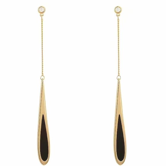 NWT Long Black Droplet Design Dangle Earrings 14K Gold Plated - Picture 5 of 9
